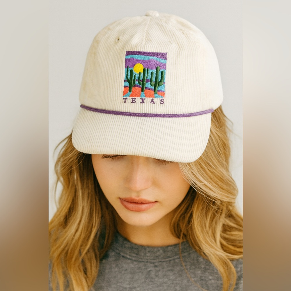 Mighty Fine Cream Corduroy Texas Baseball Cap with Embroidered Cactus Design OS
